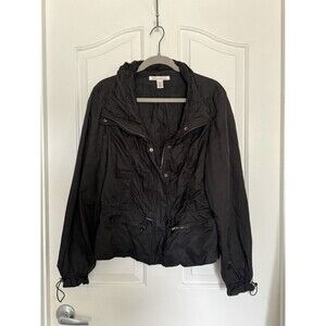 Kenneth Cole Black Crinkled Lightweight Jacket Zip Front Drawstring Large